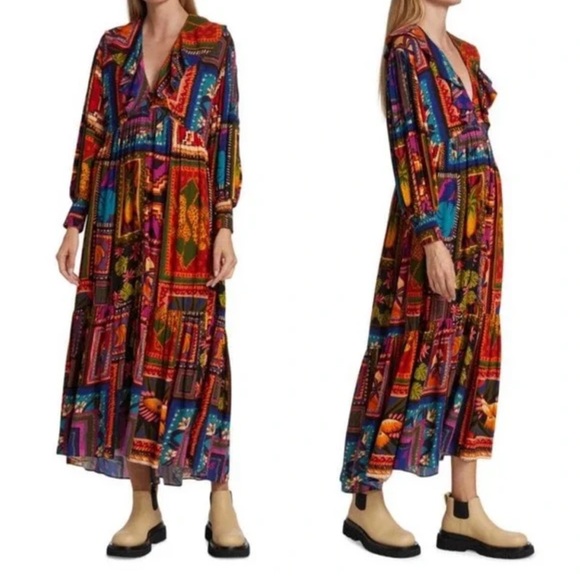 FARM Rio Dresses & Skirts - Farm Rio women’s Patchwork Tapestry ankle maxi Dress ruffle V-neck‎ tiered red M